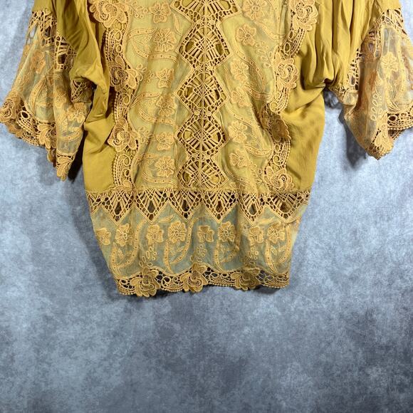 Mind Set By XCVI Top Womens Large Yellow Lace Crochet V-Neck Boho Festival NEW - Picture 3 of 9